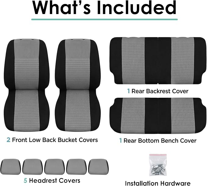 FH Group Universal Car Seat Covers Full Set for SUV Truck Sedan Vans | 3D Textured Breathable Fabric Seat Cover Set with Airbag Compatible Split Bench Protector Interior Upgrade - Gray/Black