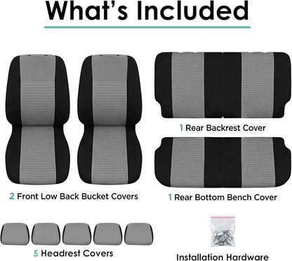 FH Group Universal Car Seat Covers Full Set for SUV Truck Sedan Vans | 3D Textured Breathable Fabric Seat Cover Set with Airbag Compatible Split Bench Protector Interior Upgrade - Gray/Black