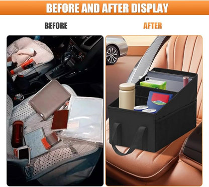 Craedli Car Seat Organizer, Collapsible Trunk Organizer Backseat Car Storage Box with 2 Compartments and Multiple Pockets, Passenger Seat Organizer with Handles for Front/Back Consoles (Black)