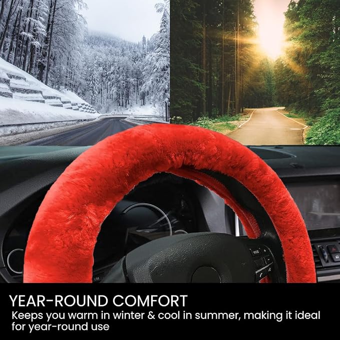 Andalus Brands Luxury Fluffy Car Steering Wheel Covers – Genuine Merino Sheepskin, Soft Fuzzy Car Steering Wheel Cover for Women, Universal 14.5-15" Size, Plush Fur Cute Auto Accessories,Tangerine Red