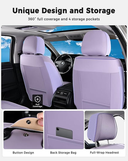 Huidasource Purple Seat Covers, Luxury Faux Leather Car Seat Covers, Velcro Adjustable, with Airbags, Child Seat, Perforation Cooling＆Heating, Universal Fit for Most Cars, Vans, Trucks, SUVs, Purple