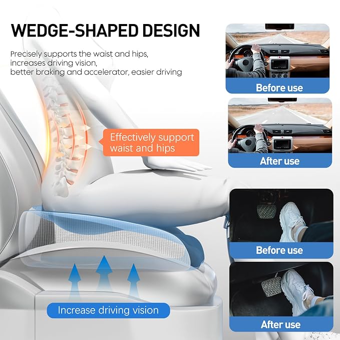 Adult Car Booster Seat Cushion - Memory Foam Car Seat Wedge Cushion - Coccyx Cushion for Tailbone Pain - Driver Seat 3 Inch Height Boost Cushion - for Cars, Trucks, Home & Office Chairs, Grey