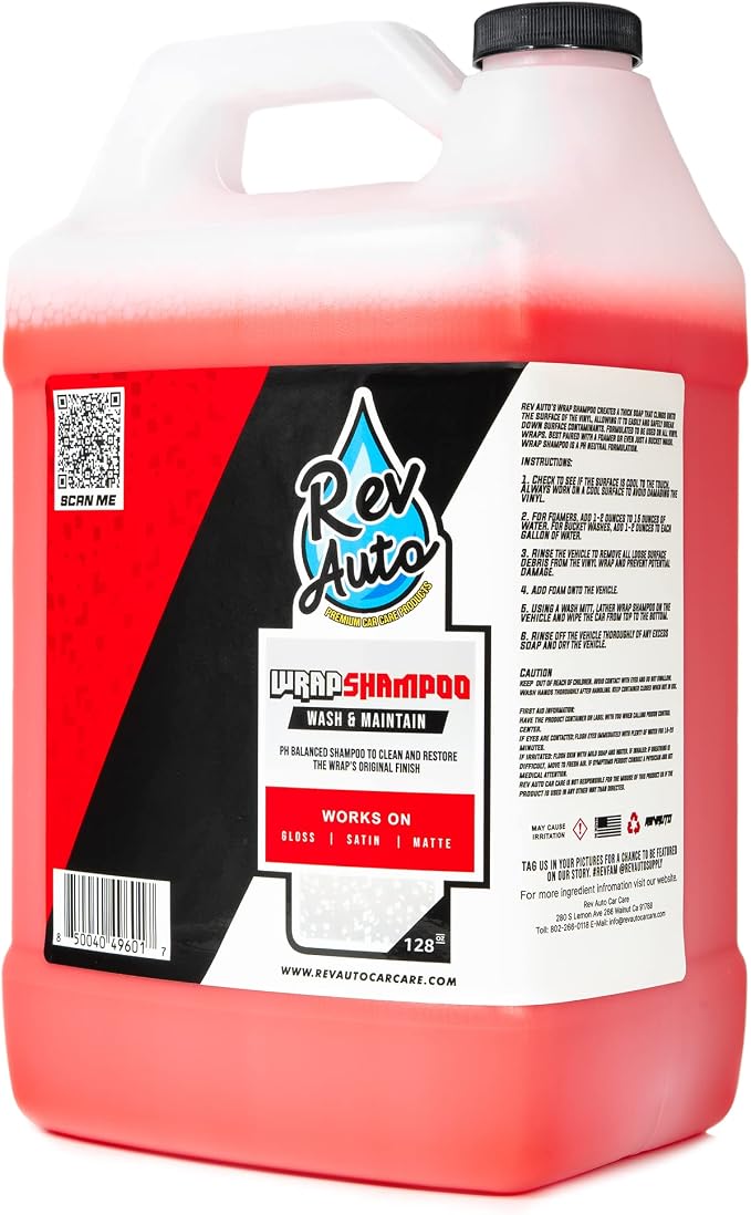 Rev Auto Wrap Shampoo – pH Balance High Foaming Soap For All Vinyl Wrap Finishes | Wrapped Vehicle Maintenance Soap | pH Neutral Wrap Car Wash Soap (1 Gallon)