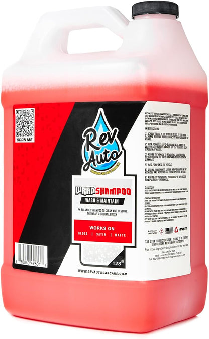 Rev Auto Wrap Shampoo – pH Balance High Foaming Soap For All Vinyl Wrap Finishes | Wrapped Vehicle Maintenance Soap | pH Neutral Wrap Car Wash Soap (1 Gallon)