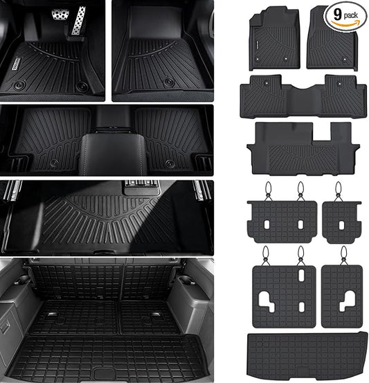 All Weather Floor Mats for Honda Pilot 2009 2010 2011 2012 2013 2014 2015 TPE Rubber Liners Pilot Odorless Anti-Slip 1st & 2nd & 3rd Row Floor Liners - 2nd & 3rd Row Backrest Mats & Cargo Mat Full Set