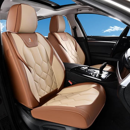 Huidasource Front Seat Covers, Universal Fit for Most Cars SUV Trucks, Full Coverage Leather Seat Cover, Airbag Compatble, Seat Function Retain, Storage Pocket Design, Easy to Install, Brown & Beige