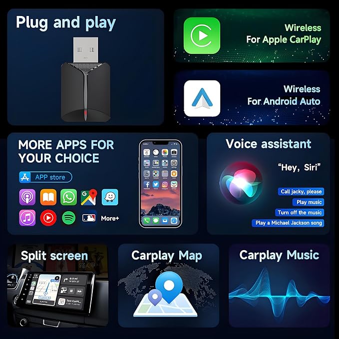 Mini Wireless CarPlay Adapter, Upgrade Wired CarPlay to Wireless for Cars with Built-in Wired CarPlay & Android Auto, Plug and Play Easy Use Fast Stable Connection for iPhone & Android