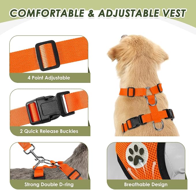 Lukovee Dog Car Harness Seat Belt, Adjustable Mesh Breathable Vest with Elastic Bungee Tether, Soft Padded 2-in-1 Safety Car Harness Seatbelt for Small Medium Large Dogs (Orange,M)