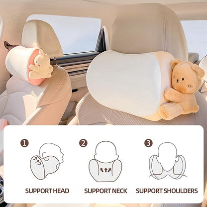 Car Headrest Pillow 2PCS Bear or Bunny Car Seat Neck Pillow Car Decor Memory Foam Neck Support Cushions for Comfortable Driving, Easy Install & Washable (Pink)