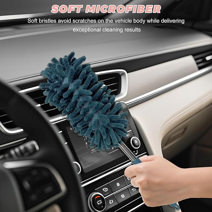 2PCS Car Interior Duster with Extension Pole, 11.8 to 30.5 Inch Retractable Dusters Washable Car Interior Cleaning Brush, Soft Scratch-Free Chenille Auto Dash Vent Window Duster (Navy Blue)