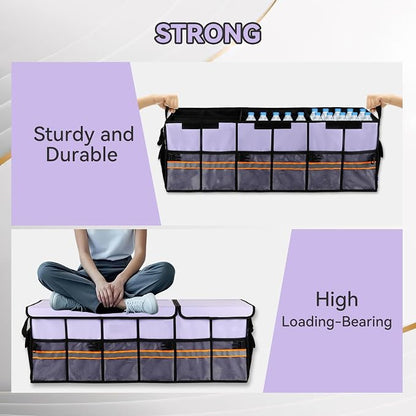 Car Trunk Organizer with Lid,Collapsible Car Storage Organizer with Multi Compartments and Securing Straps for SUV,Sedan,Jeep-Cyan