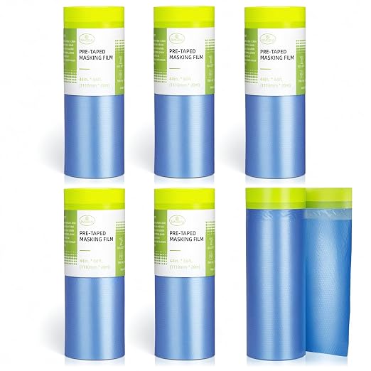 Tangibay Pre-Taped Masking Film for Painting - 44" x 66' Painters Plastic Sheeting with Automotive Paint Tape and Drape for Covering Cars, Walls, Windows and Furniture Protection (6 Rolls)