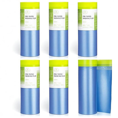 Tangibay Pre-Taped Masking Film for Painting - 44" x 66' Painters Plastic Sheeting with Automotive Paint Tape and Drape for Covering Cars, Walls, Windows and Furniture Protection (6 Rolls)