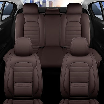Brown Car Seat Covers Full Set, Universal Faux Leather Seat Covers for Cars 5 Seats, Waterproof Leather Car Seat Covers, Comfortable Automotive Seat Covers for Most Sedans Trucks SUVs