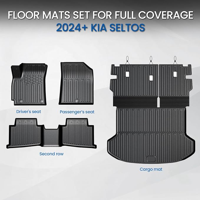 Floor Mats Set for 2024-2026 Kia Seltos Without Subwoofer, All Weather TPE Floor Liners Trunk Mat Cargo Liner with Backrest Mat Accessories