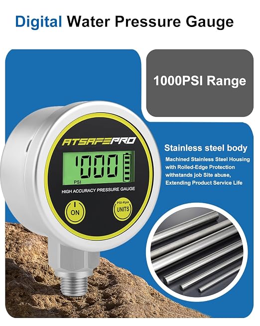 Digital Pressure Gauge-1000psi Range,2.9-Inch LCD Dial,1/4 Inch NPT Bottom Thread Stainless Steel Water Pressure Gauge,Suitable for Measuring Hydraulic, Oil, Water, and Air Pressure