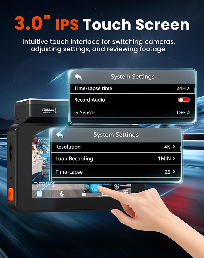 Dash Cam Front and Rear 4K + 2.5K: Dual Channel Car Camera with 5GHz WiFi, 3" IPS, APP Control, Night Vision, G-Sensor, Loop Recording, 24H Parking Mode, Wide Angle, Includes 64GB Card（S7）