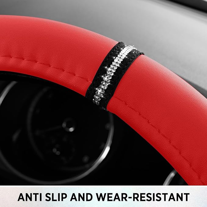 Road Comforts Leopard Steering Wheel Cover for Women, Cute Anti-Slip Microfiber Leather, Fits D Shape Flat Bottom Steering Wheel 14.5-15 Inch - Red