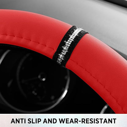 Road Comforts Leopard Steering Wheel Cover for Women, Cute Anti-Slip Microfiber Leather, Fits D Shape Flat Bottom Steering Wheel 14.5-15 Inch - Red