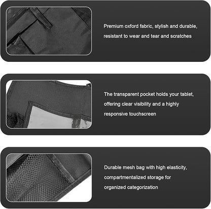 2 PCS Car Backseat Organizer, Multifunctional Seat Back Organizers with Touch Screen Tablet Holder, Waterproof Oxford Seat Back Storage Bag Kick Mats for Most Vehicles