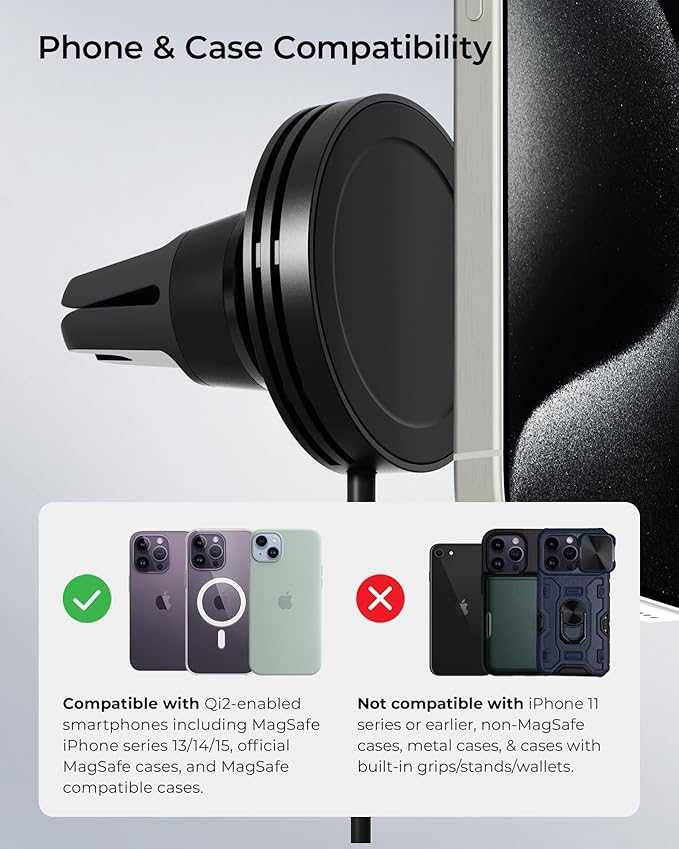 iOttie Velox Qi2 Mini Wireless Charging Car Mount - MagSafe Compatible Air Vent Phone Mount with 15W Charging for Qi2-enabled Smartphones Including iPhone 12,13,14,15,16 and 17. Car Charger Included.