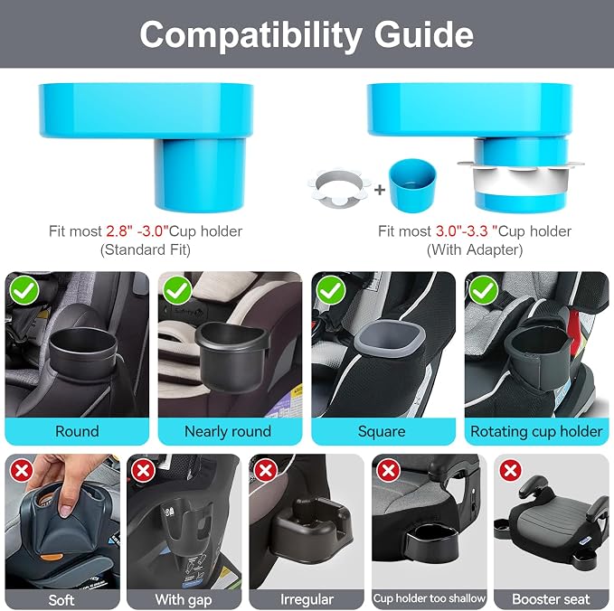 [Pink+Sky Blue] Car Seat Snack Tray for Toddlers - 3 Inch Cup Holder Fits Most Sippy Cups & Straw Bottles with Dip Well, Mess-Free Square Kids Travel Tray Road Trip Essentials, Pink & Sky Blue