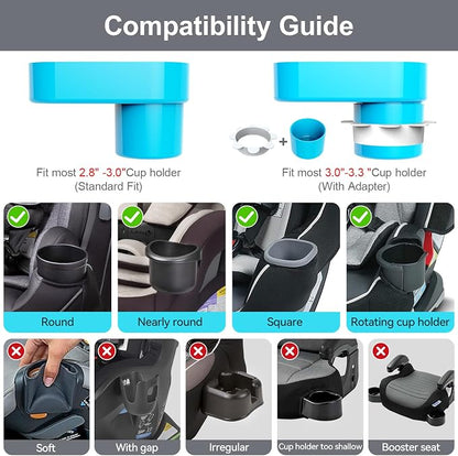 [Pink+Sky Blue] Car Seat Snack Tray for Toddlers - 3 Inch Cup Holder Fits Most Sippy Cups & Straw Bottles with Dip Well, Mess-Free Square Kids Travel Tray Road Trip Essentials, Pink & Sky Blue