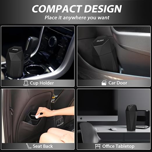 Car Trash Can with Lid, 1 Pack Cup Holder Garbage Can for Car, Leakproof Small Trash Bin, Mini Trash Can for Cars, Home, Bedroom, Office (Black)