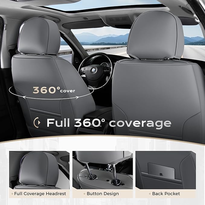 Coverado Seat Covers Full Set, 5 Seats Seat Covers for Cars, Waterproof Nappa Leather Car Seat Covers with Head Pillow, Seat Protectors Car Seat Cushion Universal Fit for Most Cars (Gray&Black)