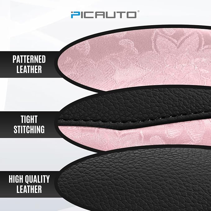 PIC AUTO Steering Wheel Cover, Pink Patterned & Black Leather Patchwork Design, Universal Fit 14.5"–15.5", Anti-Slip, Odor-Free, Soft PU Grain Leather, Durable Grip Car Accessory for Girls & Women