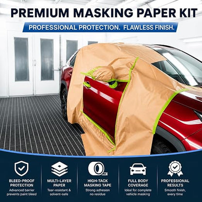 Pre-Taped Masking Paper with Dispenser - 12" x 50' Painters Paper and Tape for Painting House, Furniture, Cars Auto Body (1 Dsp 1Tape 2 Refills: 12" x50')