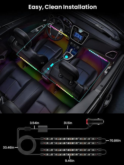Car LED Lights Interior, 16M Colors APP & CarPlay Control, Music Sync Ambient Lighting Kit, Auto-On/Off，Voltage Protection, Brightness Dimmer 12V DC LED Strip Lights for Car, Truck, SUV