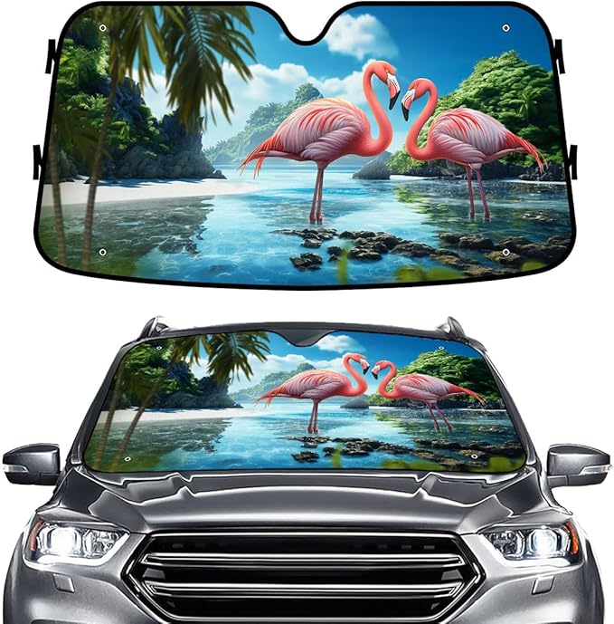 GENANY Flamingo Windshield Cover for Car SUV Truck (55x30 Inches), Foldable Heat Shield, Shades for Front Windows, Protector Blocks UV, Car Decor
