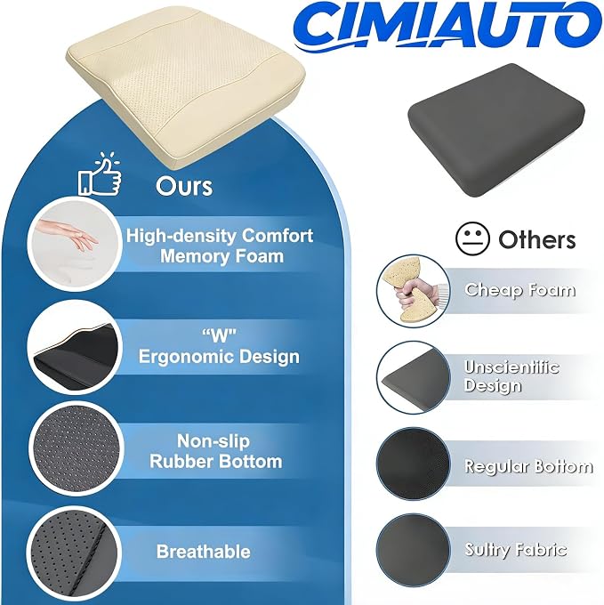 Car Seat Cushion,Thickened Comfort Memory Foam Seat Cushions for Car and Office Chair - Sciatica & Lower Back Pain Relief, Driver Seat Pillow for Auto, Office Chair, Wheelchair Pad-Beige