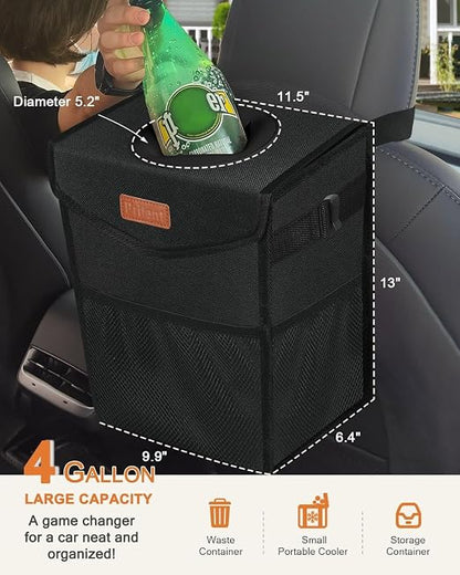Pritent Car Trash Can with Lid, Cute Leakproof Car Trash Garbage Bag Hanging Vehicle Trash Bin Small Portable Automotive Garbage Cans Organizer for Back/Front Seat(4 Gallons,Black)