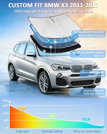 for BMW X3 2011-2017 Windshield Sun Shade - 4 Layers Car Sunshades for Front Windows Shade Cover Custom Fit X3 Sun Visor 250T Retractable Blocks Shade UV Rays Car Accessories