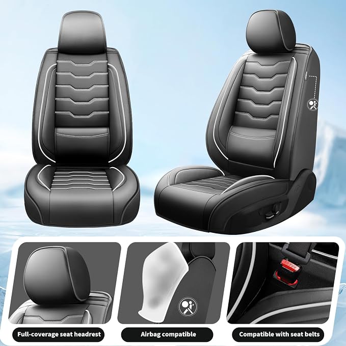 Fit Wrangler 4-Door Car Seat Covers for Jeep Wrangler 2010-2025 2026 -Premium Leather, Waterproof，Breathable，All-Weather Seat Cushion Protecto & Airbag Compatible,2 Front Seat White Line Black