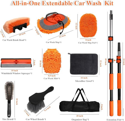 10Pcs 60" Car Wash Kit with Long Handle, Soft Extendable Car Wash Brush & Mop, Wheel & Tire Brush, 2-in-1 Window Squeegee, Microfiber Towel & Wash Mitt for Cars, SUVs, Trucks Exterior Cleaning