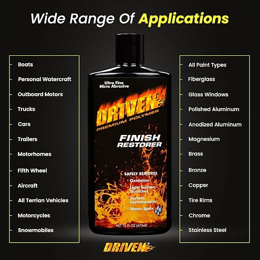 DRIVEN Finish Restorer for All Paint Types, Clear Coat, Fiberglass Gel Coat, Tire Rims & More - Safely Removes Medium to Heavy Oxidation, Water Spots, Light Surface Scratches - for Automobiles, Boats