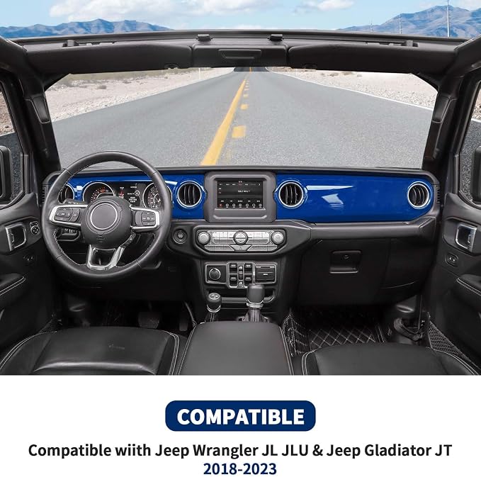 for JL Dashboard Decorative Panel Cover, Center Console Trim Cover Kit Compatible with 2018-2023 Jeep Wrangler JL JLU & Jeep Gladiator JT(Blue)