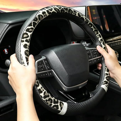 KAFEEK Black Leopard Steering Wheel Cover, 15 inch Carbon Fiber Texture, Grey White Cheetah Pattern, Non-Slip Microfiber Leather, Universal Fit for SUV Sedan