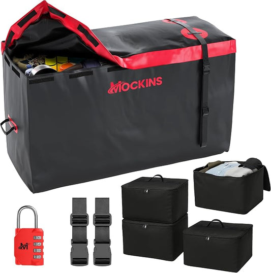 Mockins 15 Cu Ft Trailer Hitch Cargo Carrier Bag with 4 Packing Cubes | 48"x18"x31" Waterproof Cargo Bag for Hitch Carrier & Truck Bed Storage | Vehicle Soft-Shell Carriers w/ Cubes, Straps & Lock
