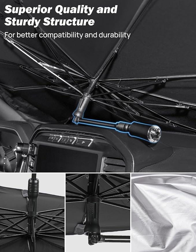 JOYTUTUS Windshield Sun Shade Umbrella, Fit for Ford 2015-2025 F150 F250 F350, Front Window Sun Shade with 360° Rotation Bendable Shaft, Titanium Silver Coating for UV Block, with Car Safety Hammer