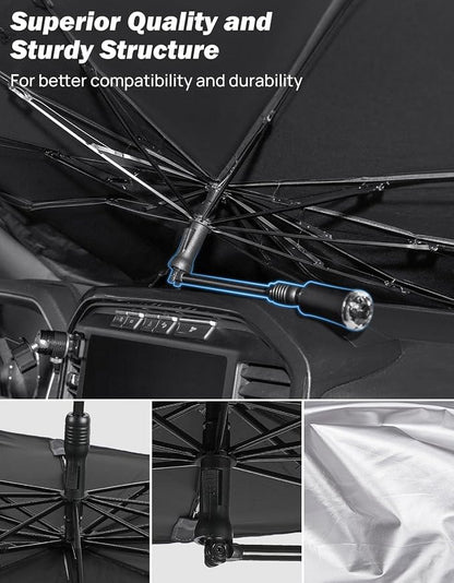 JOYTUTUS Windshield Sun Shade Umbrella, Fit for Ford 2015-2025 F150 F250 F350, Front Window Sun Shade with 360° Rotation Bendable Shaft, Titanium Silver Coating for UV Block, with Car Safety Hammer
