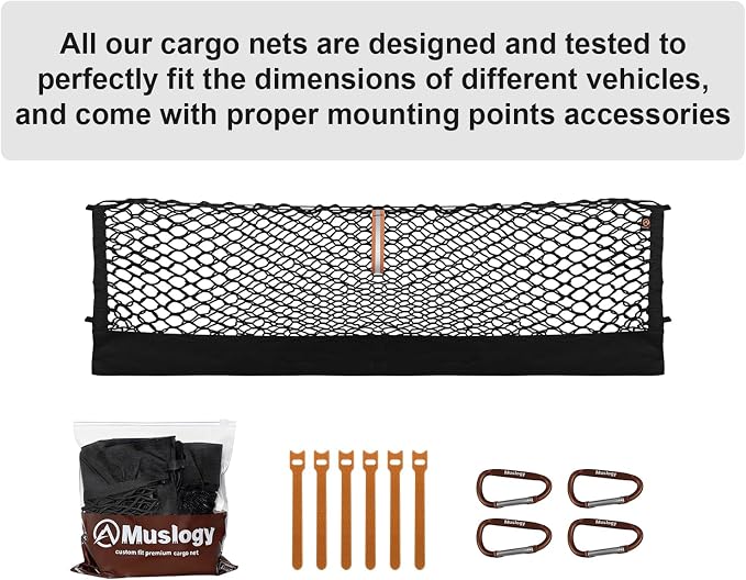 Muslogy Truck Bed Cargo Net Trunk Netting Compatible with 2024-2026 GMC Acadia | Chevy Traverse | 2025+ Buick Enclave Accessories, Pickup Cargo Organizer SUV Sedan Storage Net w/Heavy Duty Carabiners
