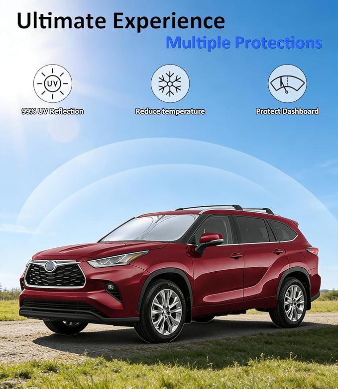 Windshield Sun Shade for Toyota Highlander 2020-2026 Accessories, Car Front Window Sun Visor & Heat Shield | 240T Sunshade Protection Blocks UV Rays Keep Your Car Cooler