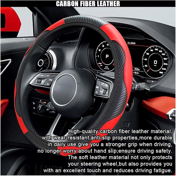 Car Steering Wheel Cover, 15 Inch Carbon Fiber Leather Elastic Steering Wheel Protector, Anti-Slip, Breathable & Soft Car Interior Accessories Universal for Most Cars, Men & Women (Red)