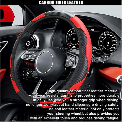 Car Steering Wheel Cover, 15 Inch Carbon Fiber Leather Elastic Steering Wheel Protector, Anti-Slip, Breathable & Soft Car Interior Accessories Universal for Most Cars, Men & Women (Red)