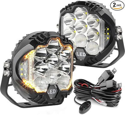 LIGBT 2PCS 7 Inch White Round Side Shooter Offroad Fog Lights Amber DRL 90W 3 Modes 270° Wide Range Super Bright LED Pods Light Kit with Wiring Harness for Pickup Truck ATV UTV SUV