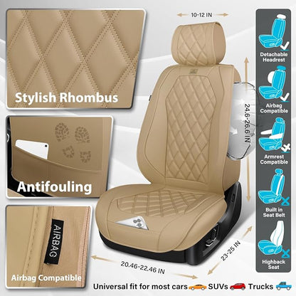 CAR PASS Luxury Nappa Leather Seat Covers Full Set, 3D Rhombus Waterproof Faux Leather Seat Covers, Universal Automotive Seat Cushion Fit for Most Sedan SUV Truck Van, Armrest Airbag Compatible Beige